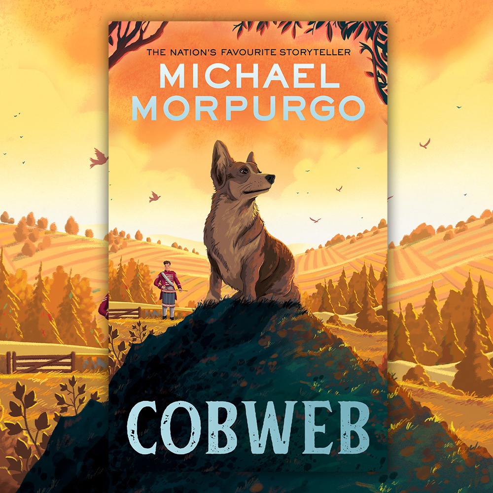 Cobweb by Michael Morpurgo - cover image on background using the artwork from the cover